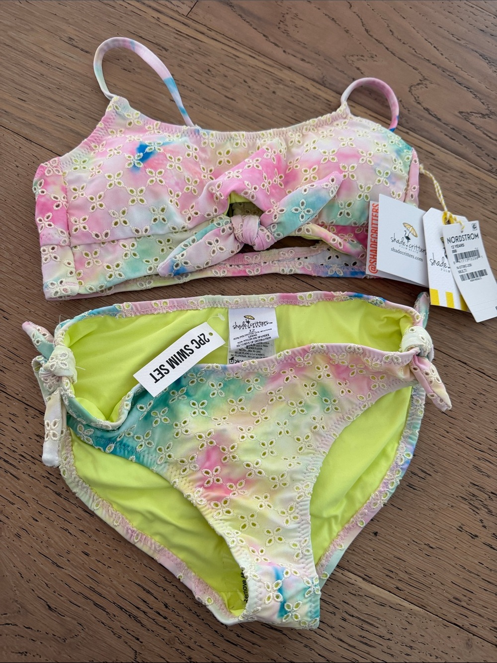 Shade Critters Eyelet Bikini Set in Neon Yellow & Pastel Tie-Dye NWT girls